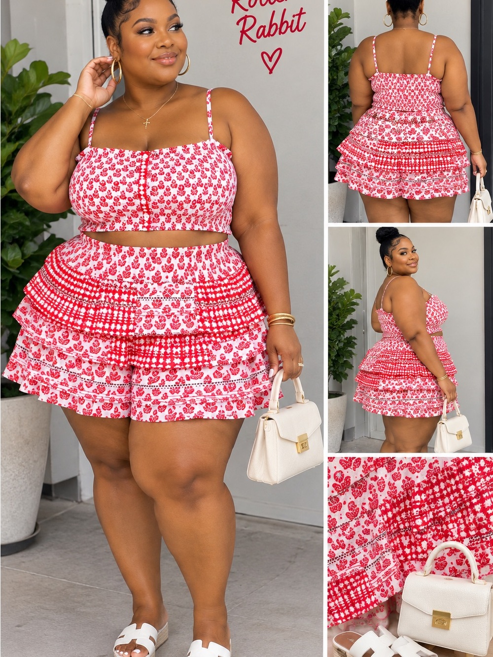 Roller Rabbit Red & White Floral Tiered Skirt Set (Top large and bottom XL)